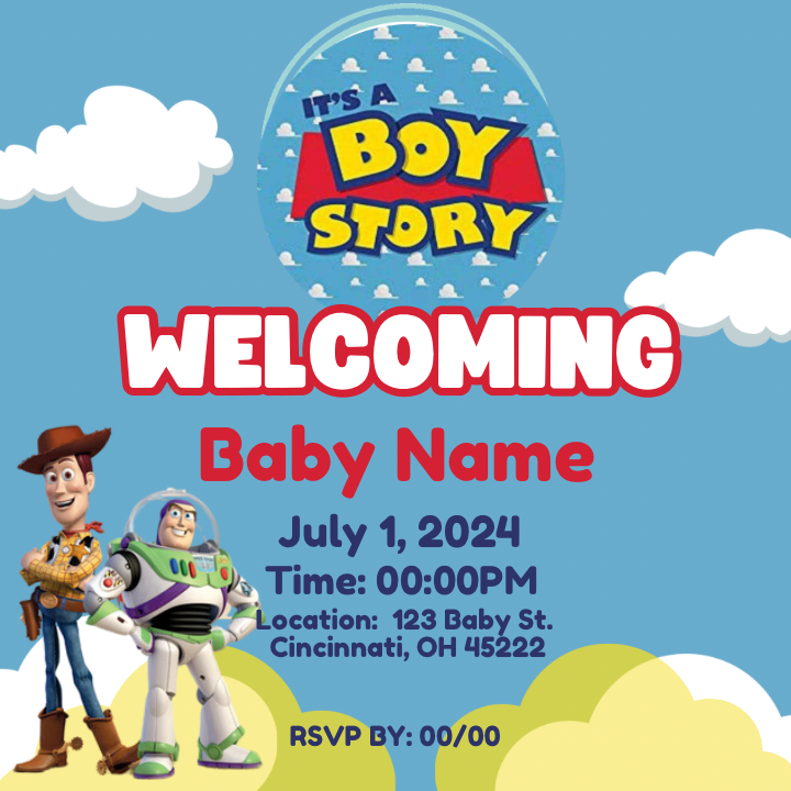 Editable Toy Story “It’s A Girl Story” Invitation Design